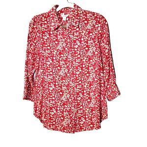 Intro Pink Floral Button Up Shirt Roll Tab Long Sleeve Rayon Shell Buttons Small
